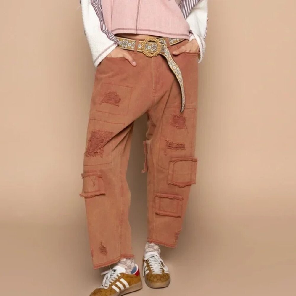 POL Distressed Cropped Pants in Rust